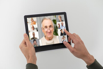 Closeup of a woman talking through video chat on tablet. communicating tablet in video chat through...
