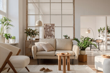 Stylish compositon of modern living room interior with frotte armchair, sofa, plants, painting,...