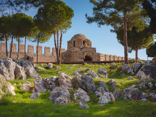 Alanya, turkey, winter walk by mediterranean sea. medieval fortress in the city of Alanya. ancient temple within fortresswall