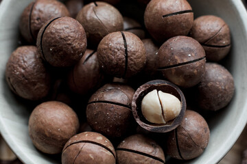 macadamia nut on the table close-up, key for macadamia