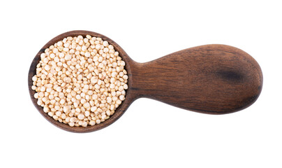 White quinoa seeds in wooden spoon, isolated on white background. Pile of raw kinwa. Top view.