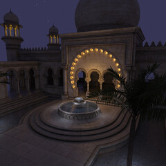 3d illustration of a fantasy place with arabic oder indian building at night