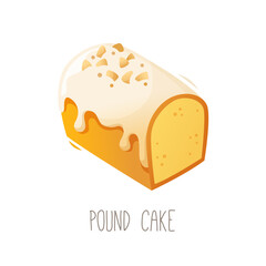 Collection of cakes, pies and desserts for all letters of alphabet. Letter P - pound cake. Popular traditional everyday cake covered with sugar glaze and nuts. Isolated vector illustration