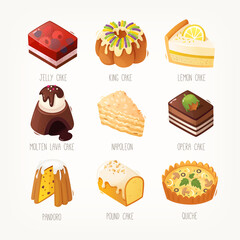 Collection of delicious desserts. Slices of traditional pies, cakes, ice cream and jelly. Decorated with fruit chocolate and nuts. Quiche loraine. Isolated vector images.