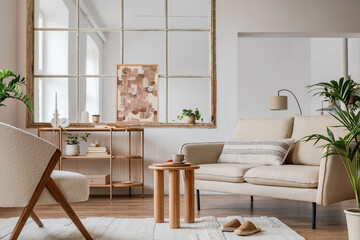 Modern living room interior composition with beige sofa, wooden coffee table, plants, painting and modern home accessories. Template. Copy space.