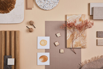 Flat lay of stylish architect moodboard composition with beige samples of textile, paint, wooden...
