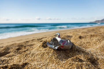 Pollution of the planet with human waste. An empty tin can thrown away by the sea on the beach....