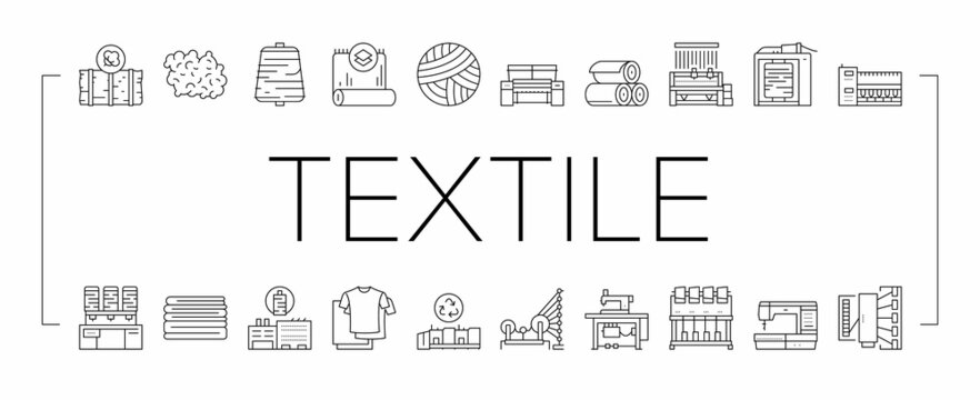 Textile Production Collection Icons Set Vector .