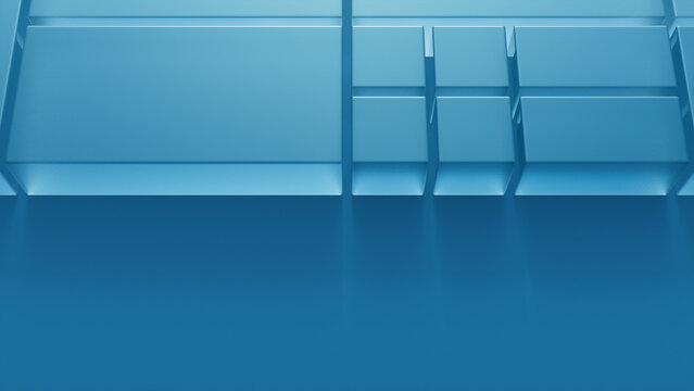 Transparent Blocks on a Blue Surface. Innovative Tech Aesthetic with space for text. 3D Render.