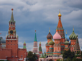 Beautiful view of Red Square with Moscow Kremlin and St. Basil's Cathedral in rainy summer. This is main tourist destination in Moscow. Beautiful panorama of heart of city.