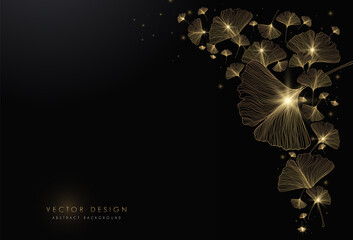Luxury ginkgo background design with golden line on dark color. ginkgo leaf line arts design for wallpaper, banner, prints, invitation and packaging design. Vector illustration