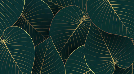 Luxury nature leaf background design with golden line arts on dark green background color. Tropical leaf wallpaper, Hand drawn outline design for fabric , print, cover, banner and invitation. - obrazy, fototapety, plakaty