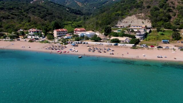 aerial drone view of agios georgios beach in north corfu greece