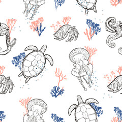 Seamless pattern with oceans dwellers and corals