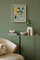 Elegant living room interior design with mockup poster frame, modern frotte armchair, wooden...