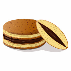 Japanese pancakes dorayaki whole and cut with chocolate filling in cartoon flat style