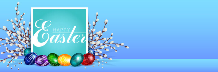 Banner for Easter. Willow branches and Easter eggs. Place for text 