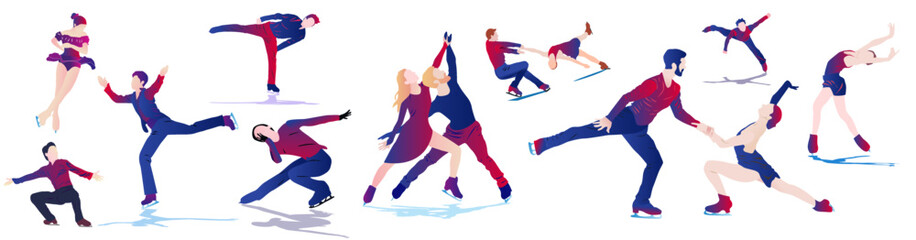Fototapeta na wymiar Cartoon illustration of abstract man and woman skating on ice on white background. Figure skating 