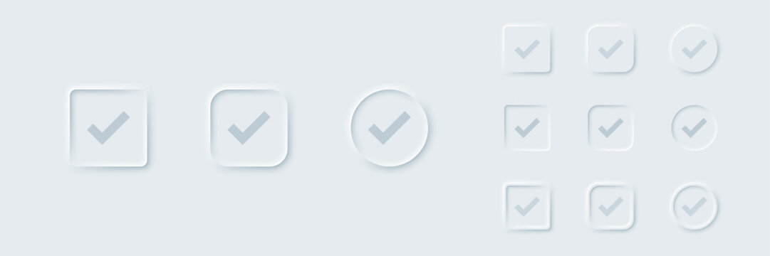 Check mark icon in white buttons neomorphism design style approval quality checklist sign mobile web apps website menu navigation application UI component
