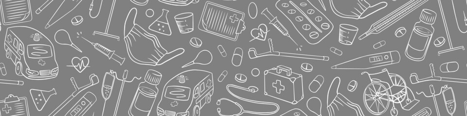 Seamless horizontal border with medical doodles. Pattern with hand drawn pharmacy icons on gray background. Vector illustration.