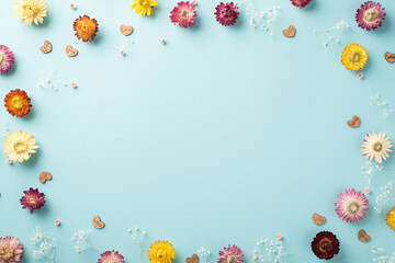 Top view photo of the many different nice flowers and white branches of gypsophila with flower...