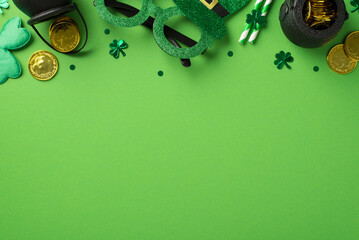 Top view photo of st patricks day decorations hat shaped party glasses clovers straws green shamrocks confetti and pots with gold coins on isolated pastel green background with copyspace - Powered by Adobe