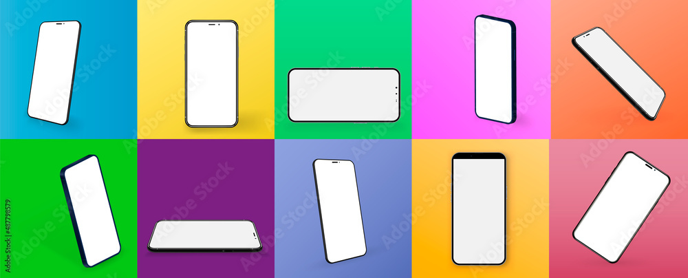 Poster smartphones collection at different angles, rotated positions. 3d realistic cell phones mockups with
