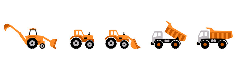 Construction Truck collection: digger, tractor, excavator and dump truck. Vector drawing isolated on white