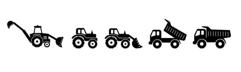 Construction Truck collection: digger, tractor, excavator and dump truck. Vector drawing isolated on white