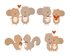 Valentine’s Day vector illustration. Two cute couple squirrels on white background with many hearts
