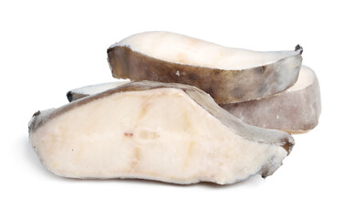 Frozen stake wolffish or wolfeel, also known as sea wolves. Isolated on white background