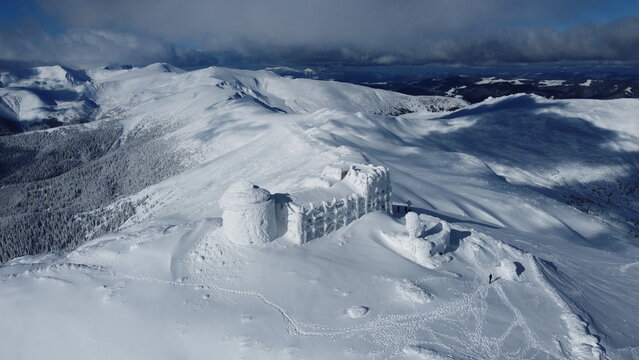 Observatory "White Elephant" on Mount Pop Ivan at winter. Carpathians. Ukraine