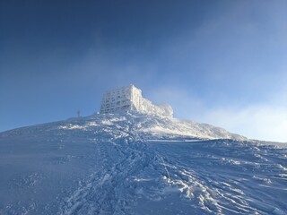 Observatory "White Elephant" on Mount Pop Ivan at winter. Carpathians. Ukraine
