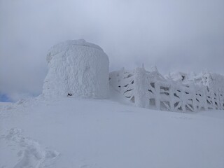 Observatory "White Elephant" on Mount Pop Ivan at winter. Carpathians. Ukraine