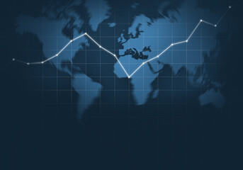 illustration d'un graphique montrant une progression pouvant illustrer le monde de la finance et des affaires ou bien aussi la progression du virus Covid 19. En arrière plan, la carte du monde.