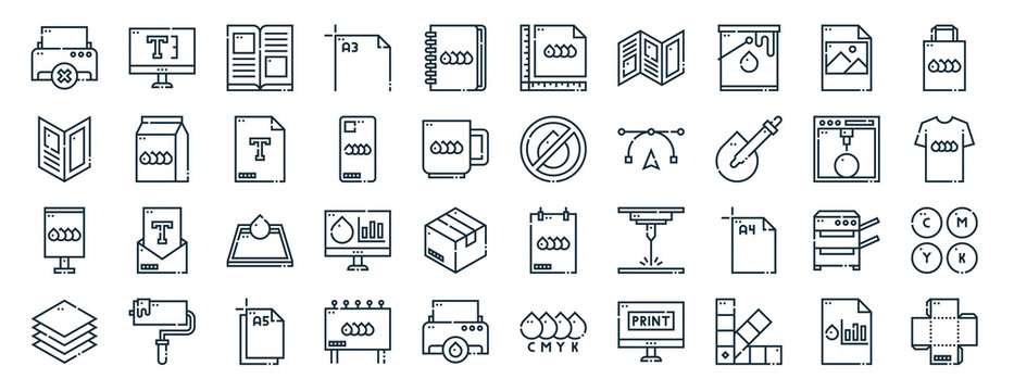 set of 40 outline web printing icons such as text size, brochure, advertising, layers, d printing, totebag, size icons for report, presentation, diagram, web design, mobile app