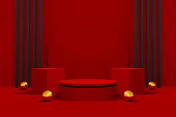 red marble circle podium on red background. concept scene stage showcase for new product, promotion sale, banner, presentation, cosmetic. with copy space - 3D illustration