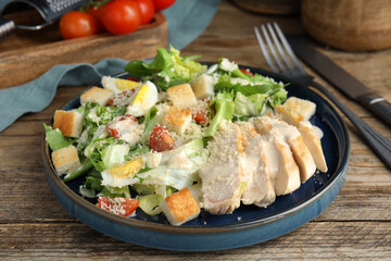 Delicious Caesar salad in bowl on wooden table