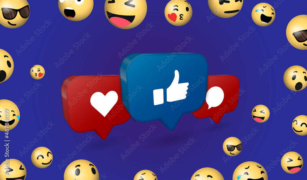 Poster vector 3d social network like icons abstract conceptual illustration. social media like and heart ic