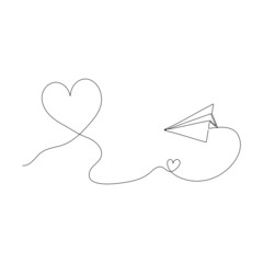 Paper plane with hearts - Love card concept. Continuous one line drawing. Minimalistic vector illustration.