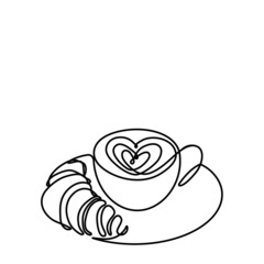 Cup, heart and a croissant. Coffee, tea. Vector sketch. Hot drink and pastries. Continuous line drawing. Declaration of love. Hot drink aroma