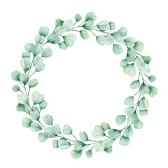 Watercolor illustration card green leaves eucalyptus wreath. Isolated on white background. Hand drawn clipart. Perfect for card, postcard, tags, invitation, printing, wrapping.