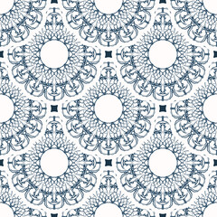Endless background with retro patterns. Background with white and blue color. Good for postcards. Vector.