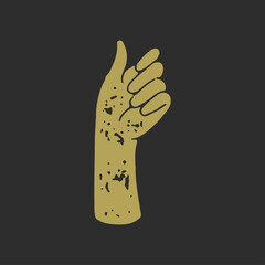 Elegant female hand fist showing nails antique golden grunge texture hand drawn emblem vector