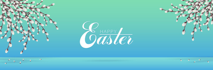 Festive banner with willow branches on a blue background. Happy Easter banner