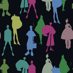 continuous pattern on a dark background. Vector silhouettes of women in pastel shades. For clothes, fabrics, packaging, advertising, decoration, wallpaper.