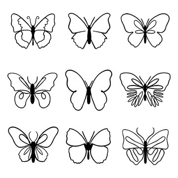 Silhouette of black Butterfly continuous line drawing elements set isolated on white background for logo or decorative element. Vector illustration of various insect forms in trendy outline style.