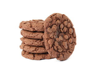 Delicious chocolate chip cookies on white background