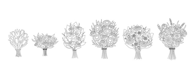 Set of different doodle outline bouquets. Collection of various blooming plants with stems and leaves isolated on white. Floral decoration or gift