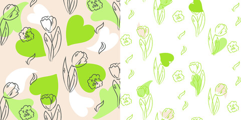 Spring vector pattern with green hearts and tulips